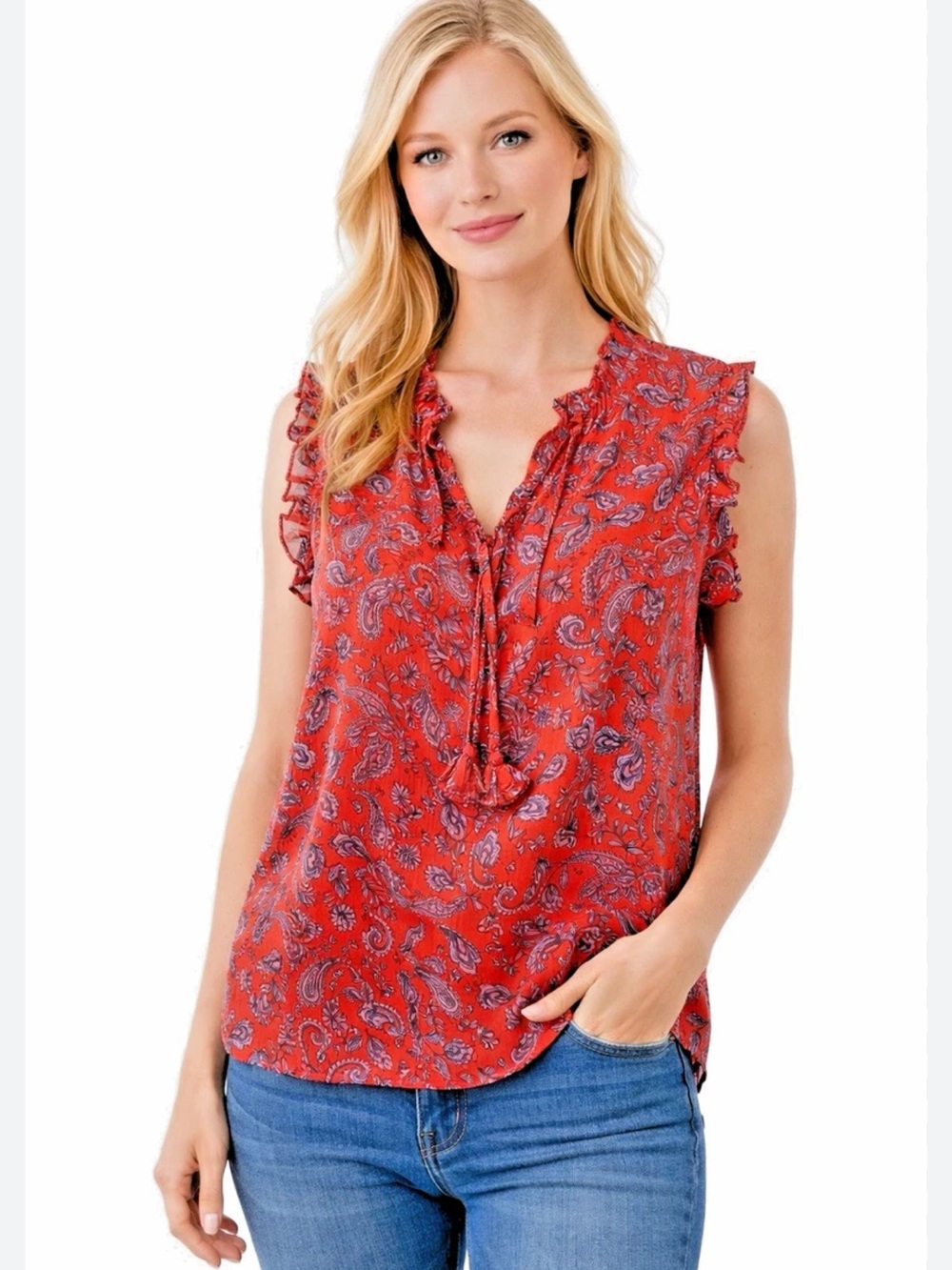 Misa Los Angeles Red Paisley Tie-Front Ruffle Tank